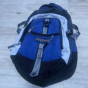 Jansport Backpack Blue Gray Black Book School Travel Hiking Outdoors Vtg